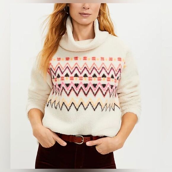 NWT LOFT Fair Isle Mock Neck Sherpa Top/sweater - Picture 1 of 5